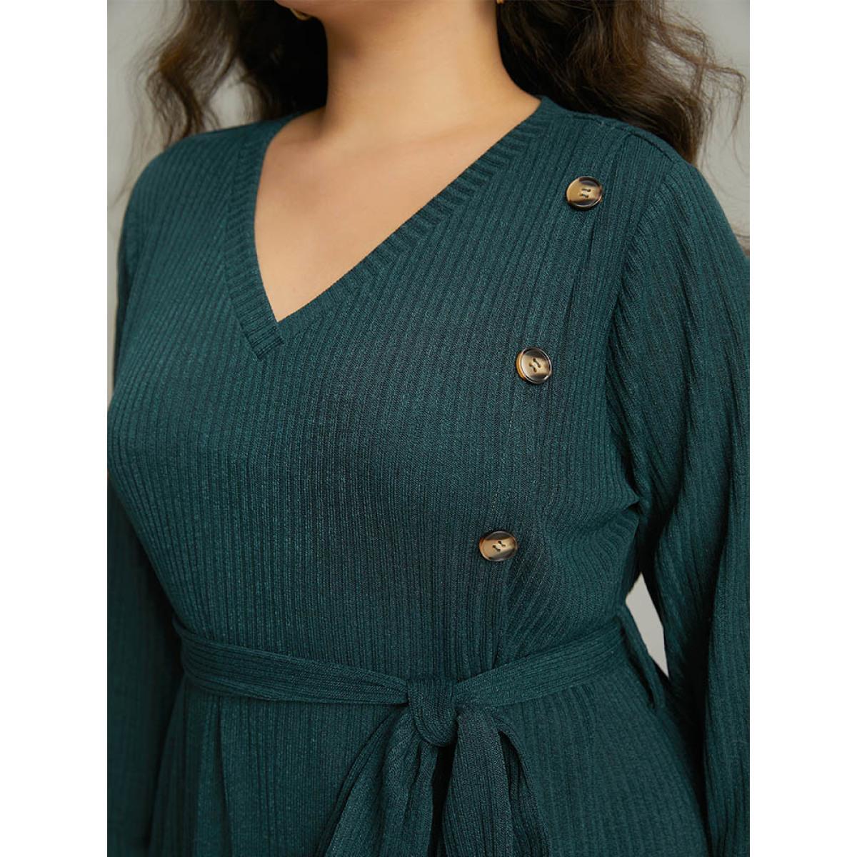 Plus Size Rib Knit Button Detail Belted Wrap Hem Dress Cyan Women Casual Texture V-neck Long Sleeve Curvy Midi Dress BloomChic 14-16/1X Product Image