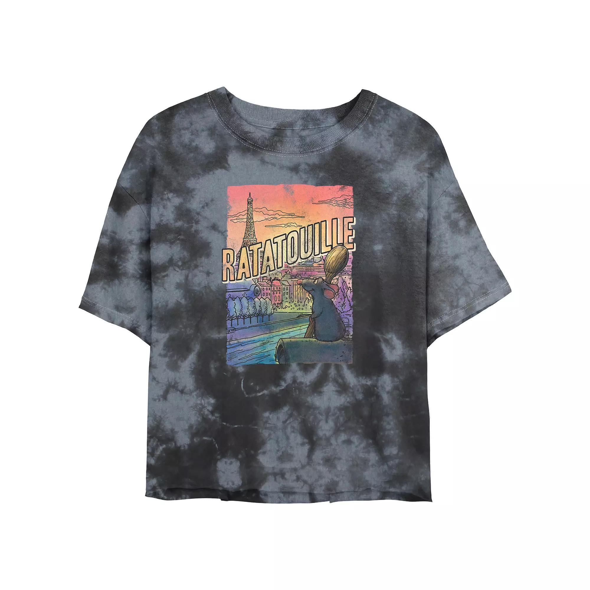 Disney / Pixars Ratatouille Remi Overlooking Paris Juniors Cropped Graphic Tee Top Bombard Wash Juniors Graphic Tee, Womens Black Grey Product Image