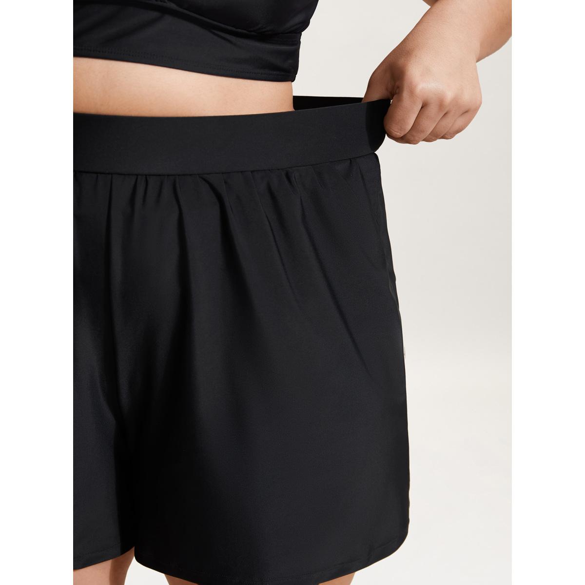 Plus Size High Waisted Pockets Solid Pleated Swim Bottom Women's Swimwear Black Resort Gathered High stretch Bodycon High Rise Slanted pocket Curve Swim Bottoms BloomChic 28/5X Product Image