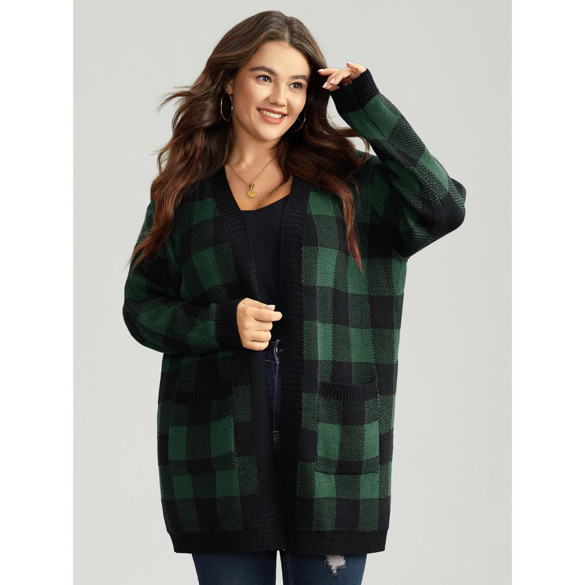Plus Size Plaid Patched Pocket Loose Cardigan DarkGreen Women Casual Loose Long Sleeve Everyday Cardigans BloomChic 30/6X Product Image