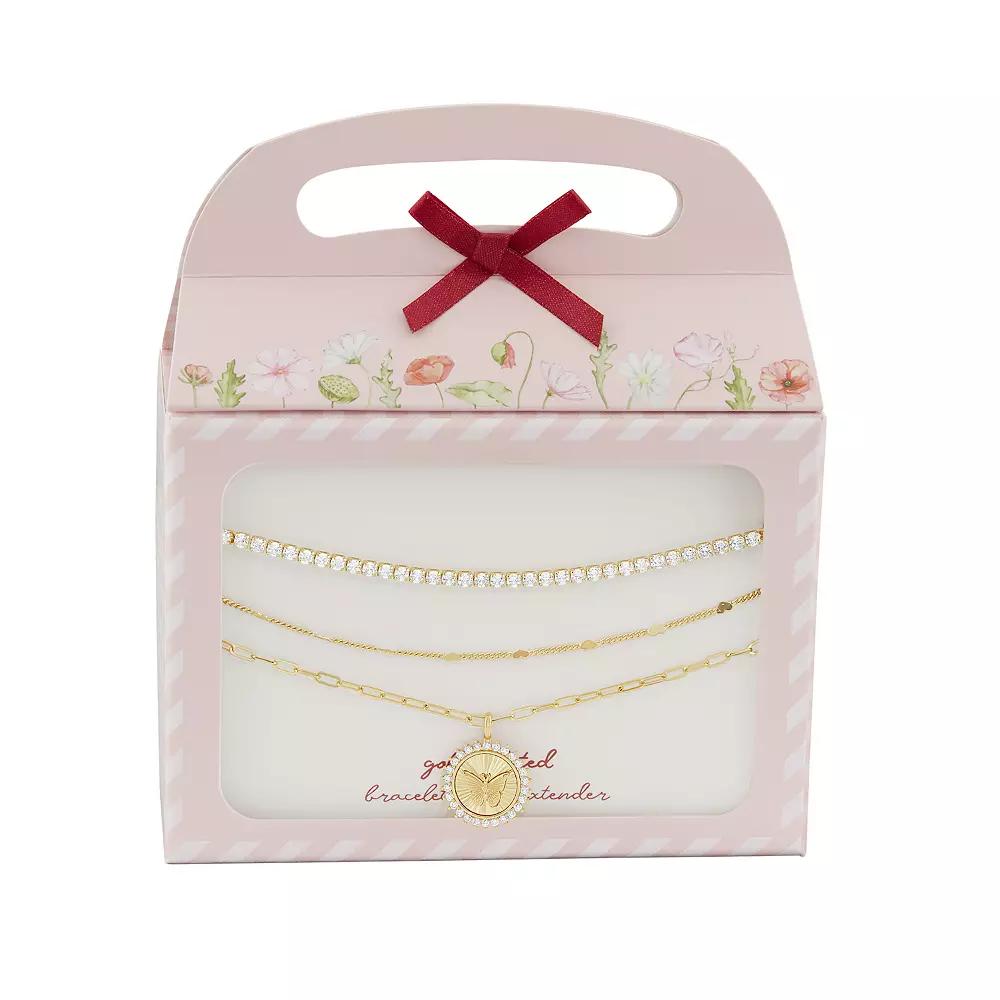 Brilliance 18k Gold Flash Plated Cubic Zirconia Butterfly Coin Charm Triple Layer Bracelet, Women's, Size: 8.5", Gold Tone Product Image