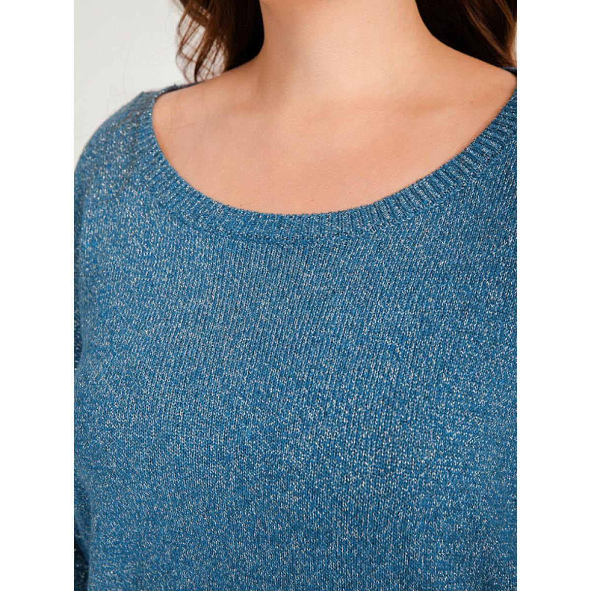 Plus Size Solid Pointelle Knit Round Neck Glitter Heather Knit Top Aegean Women Casual Long Sleeve Round Neck Dailywear Pullovers BloomChic 12/L Product Image