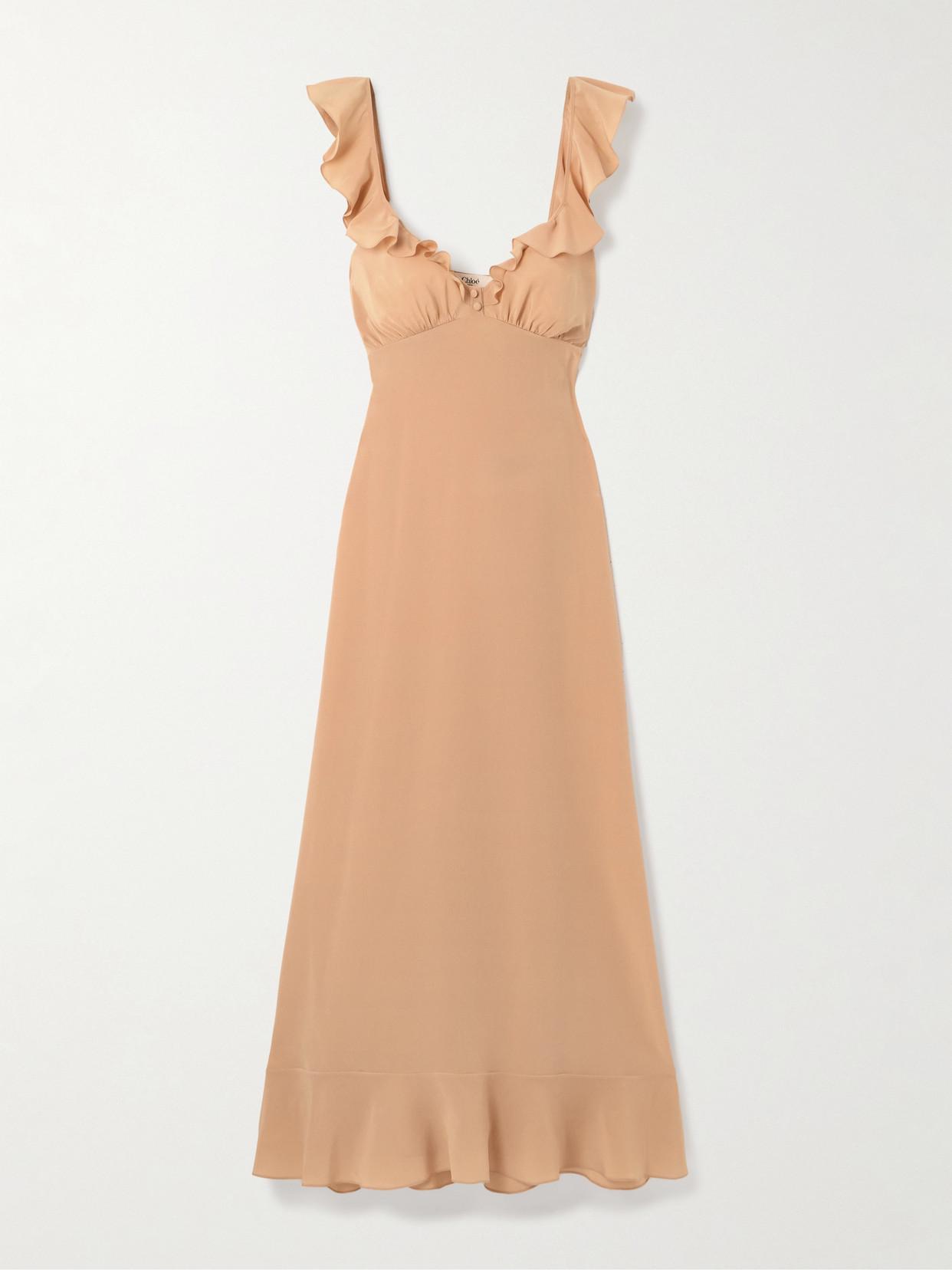CHLOÉ Long Silk Dress With Flared Skirt And Ruffled Straps In Beige Product Image