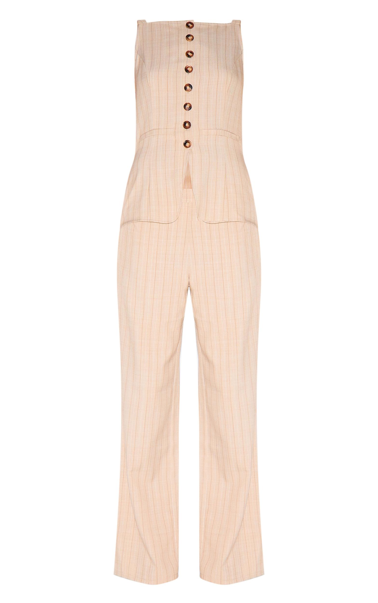 Stone Pinstripe Linen Button Down Peplum Hem Jumpsuit Product Image