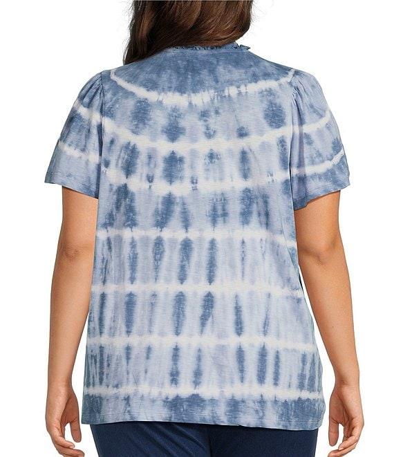 Intro Plus Size Tie-Dye Split V-Neck Short Sleeve Lace Pleated Yoke Tee Product Image