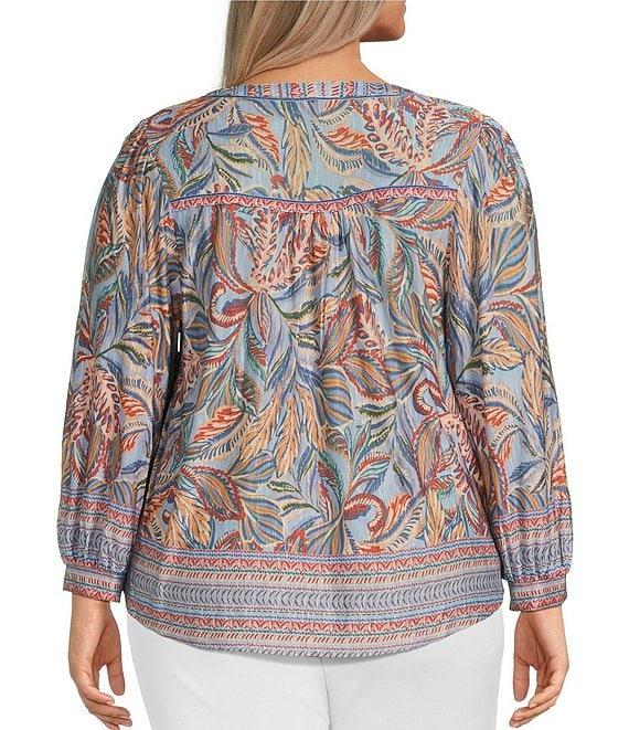 Democracy Plus Size Knit Tropical Palm Border Print Split V-Neck Long Sleeve Shirttail Hem Top Product Image