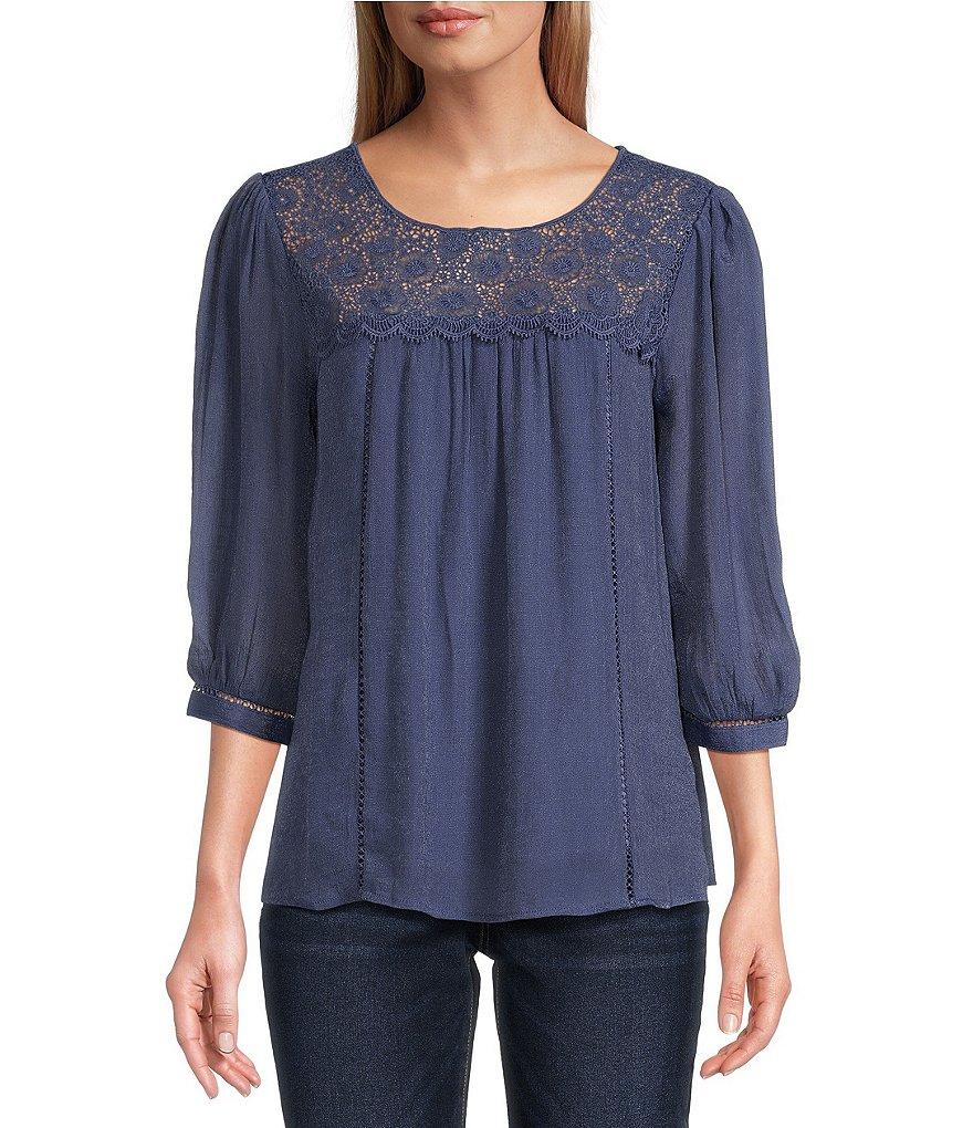 Figueroa & Flower Scoop Neck 3/4 Sleeve Lace Yoke Blouse Product Image