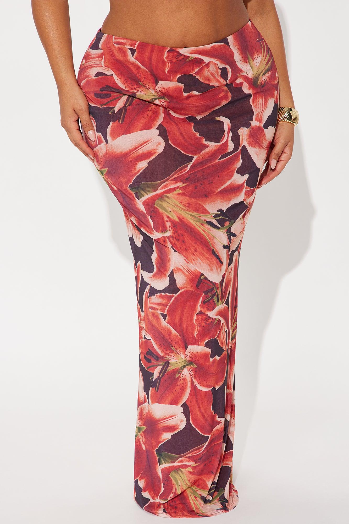 Late Nights In Santorini Floral Mesh Maxi Skirt - Orange/combo Female Product Image