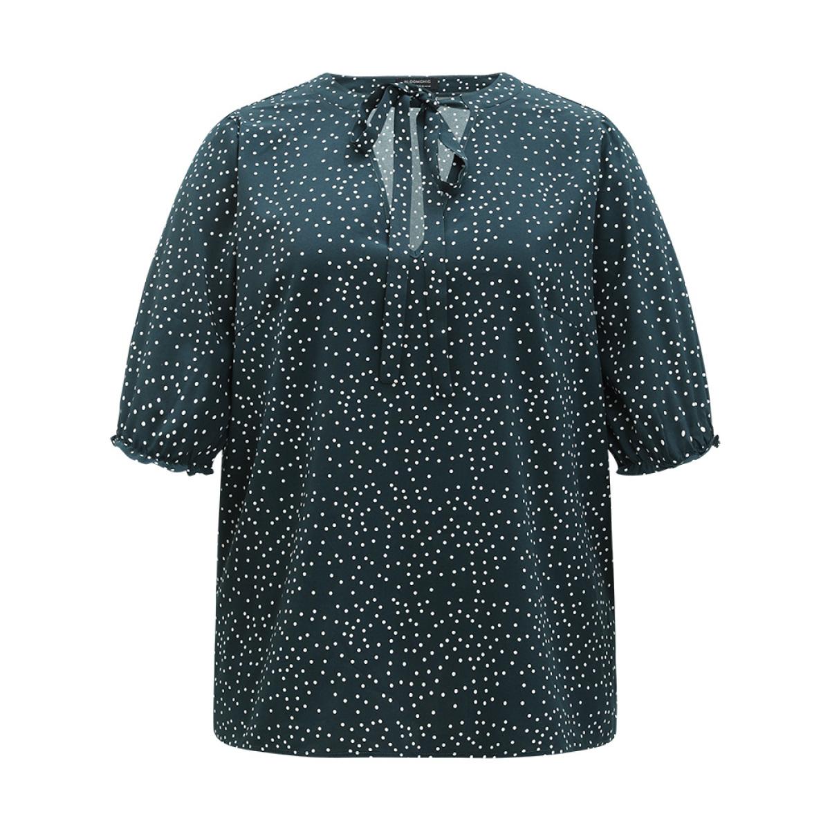 Plus Size DarkGreen Polka Dot Knot Neck Lantern Sleeve Blouse Women Office Half Sleeve Tie Neck Work Blouses BloomChic 22-24/3X Product Image