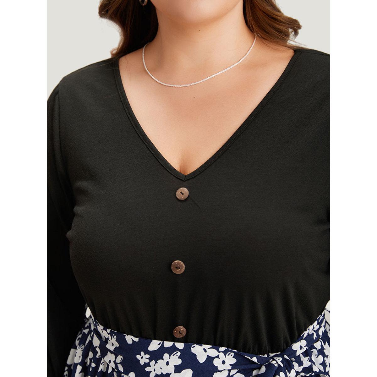 Plus Size Silhouette Floral Print Belted Button Detail Dress Navy Women Office Printed V-neck Long Sleeve Curvy Midi Dress BloomChic 10/M Product Image