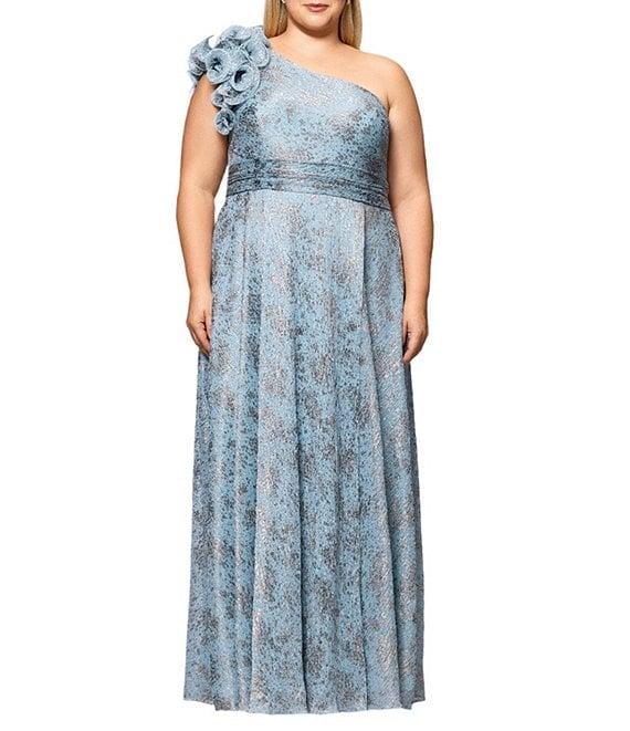 Xscape Plus Size Ruffled One Shoulder Crinkled Foil A-Line Gown Product Image