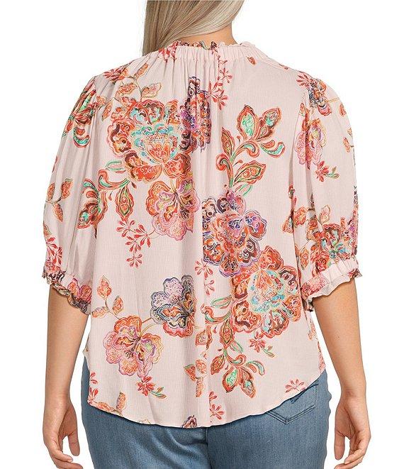 Democracy Plus Size Woven Floral Paisley Split V-Neck Elbow Sleeve Button-Front Top Product Image