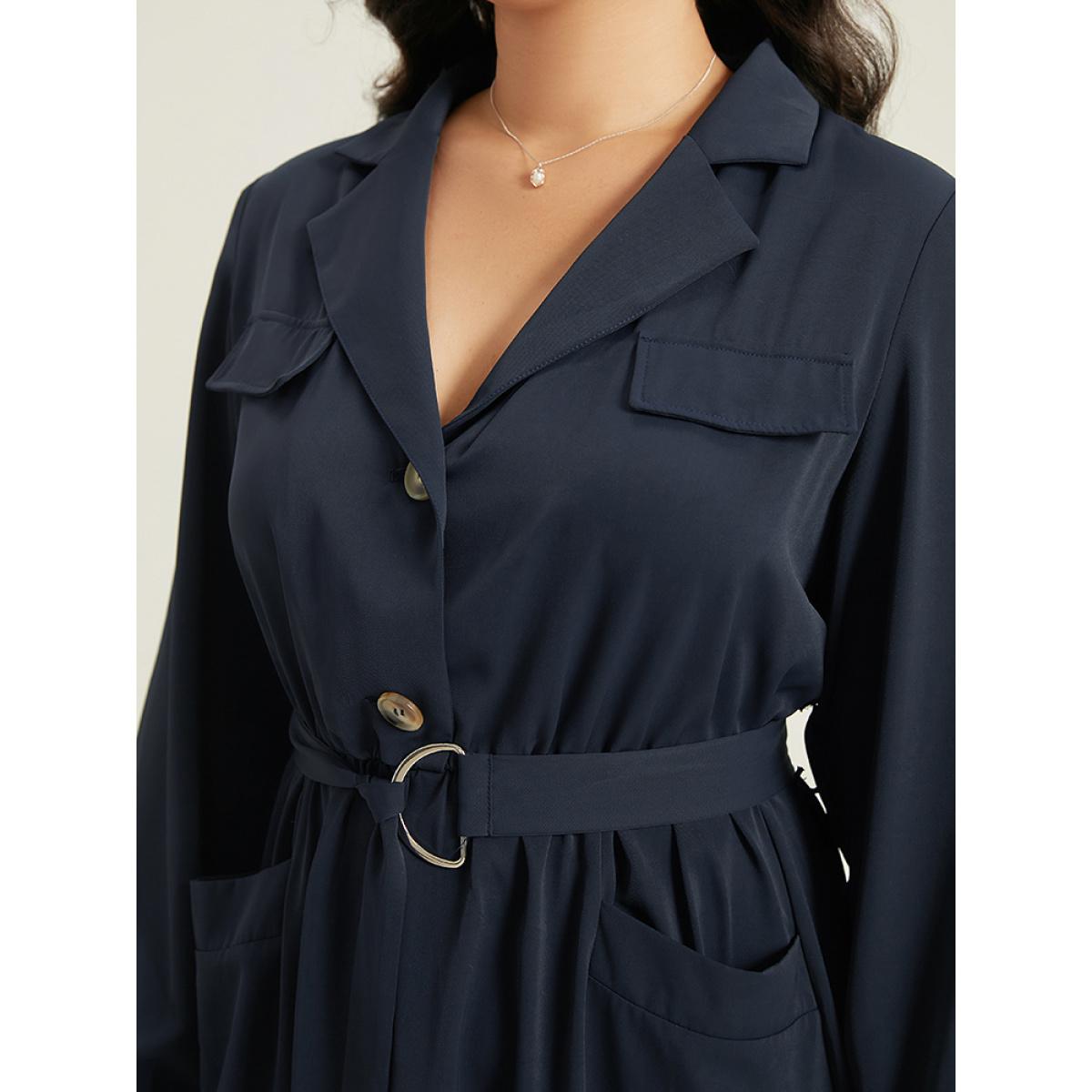 Plus Size Anti-Wrinkle Suit Collar Pocket Belted Shirt Dress Navy Women At the Office Gathered Suit Collar Long Sleeve Curvy Midi Dress BloomChic 10/M Product Image