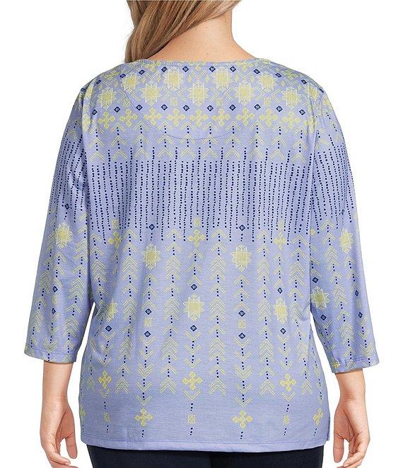 Allison Daley Plus Size Embellished Folk Stitch Print 3/4 Sleeve Crew Neck Knit Top Product Image