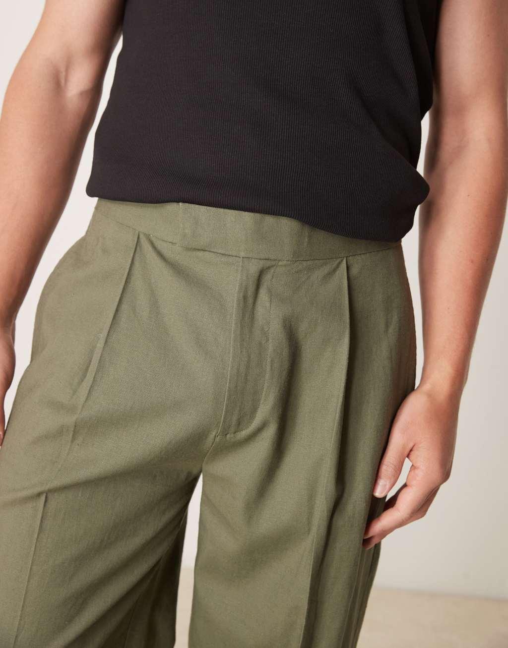 ASOS DESIGN smart oversized tapered linen blend pants with front pleat in dusty olive Product Image