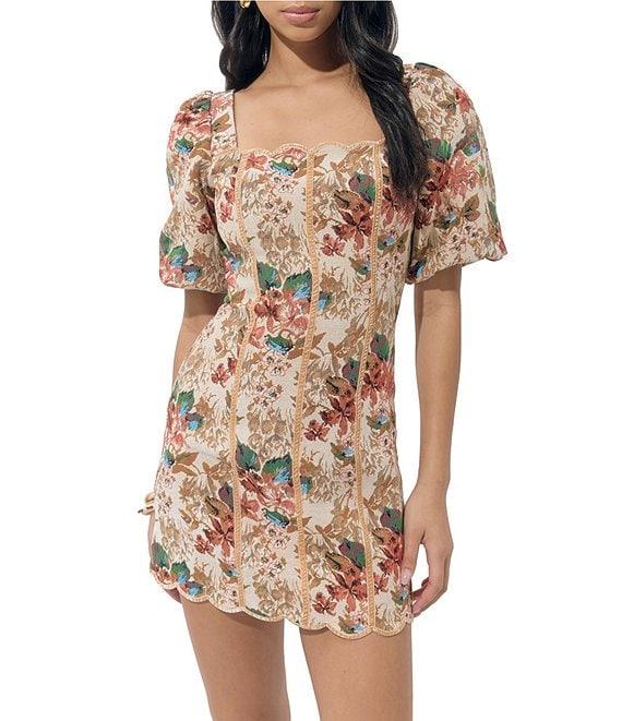Adelyn Rae Silvie Tapestry Square Neck Floral Puff Short Sleeve Sheath Mini Dress Product Image