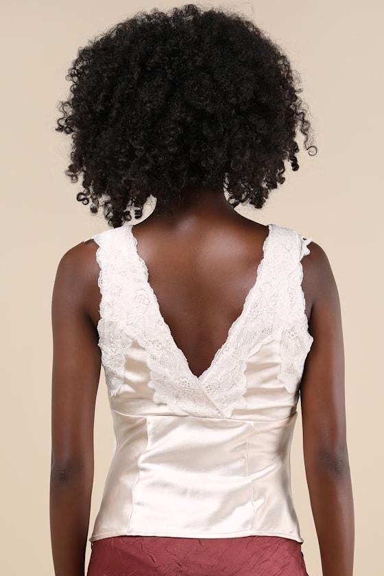 Wildly Perfect Champagne Satin Lace V-Neck Tank Top Product Image