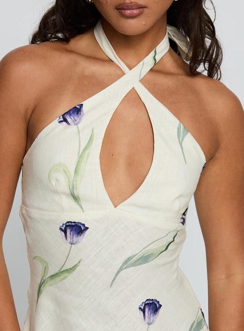 Havenna Halter Linen Blend Mini Dress Cream Floral Product Image
