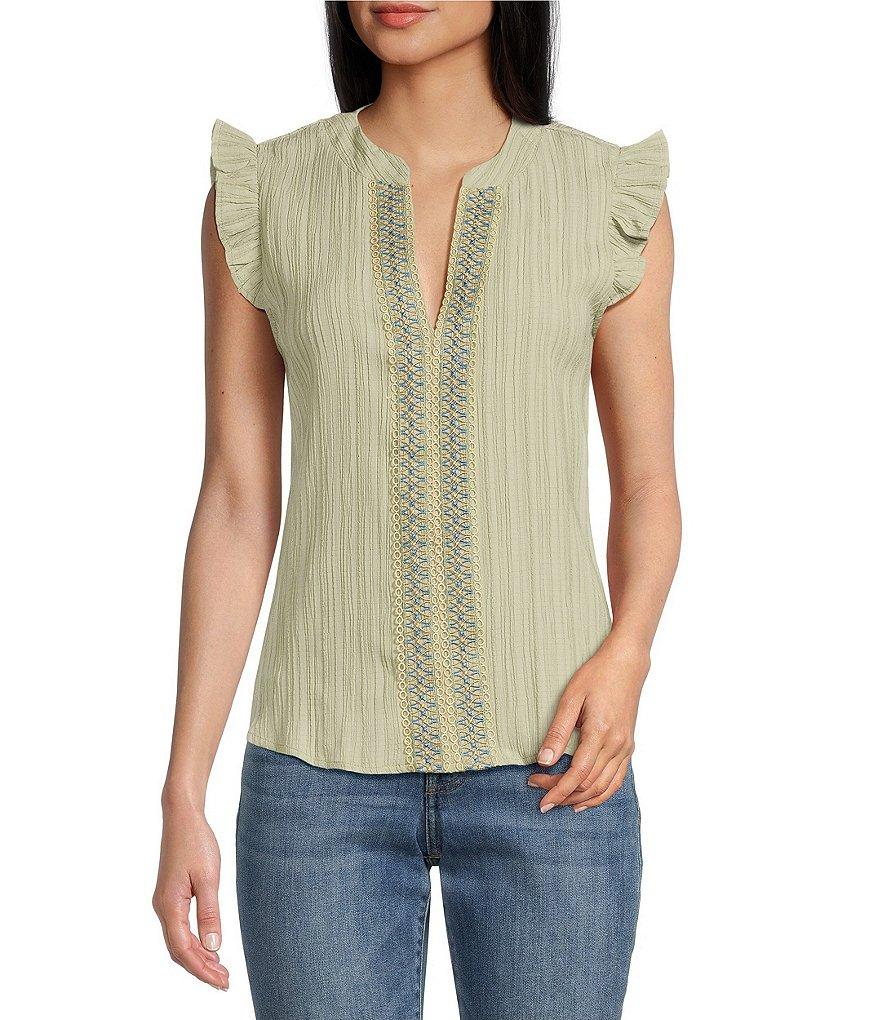 Blu Pepper Cap Sleeve Multicolor Line Lace Trim Crinkle Blouse Product Image