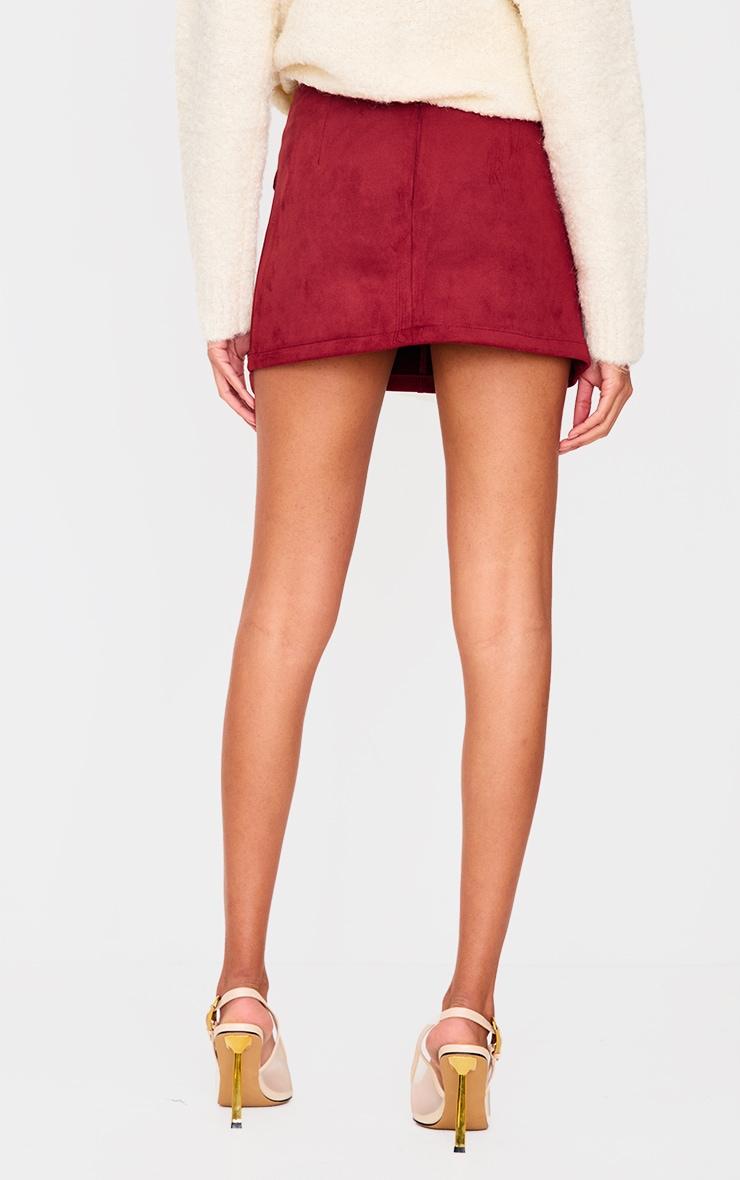 Burgundy Faux Suede Pocket Front Mini Skirt Product Image