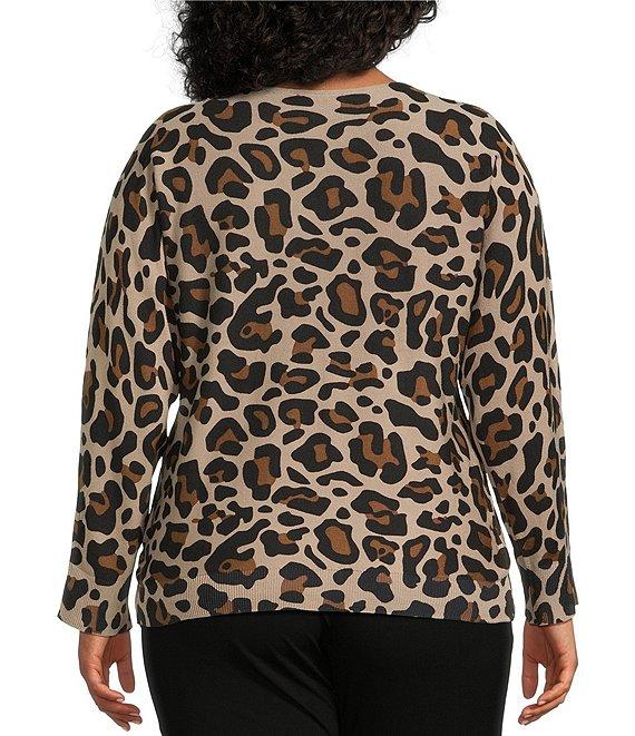 Investments Plus Size Leopard Long Sleeve Boat Neck Pullover Sweater Product Image