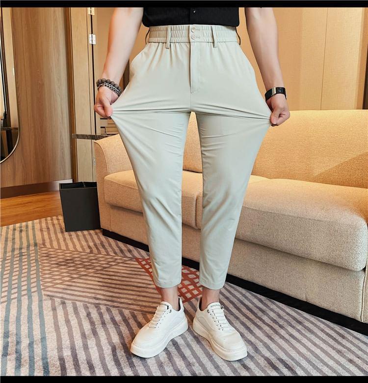 Elastic Waist Plain Cropped Straight Leg Pants Product Image