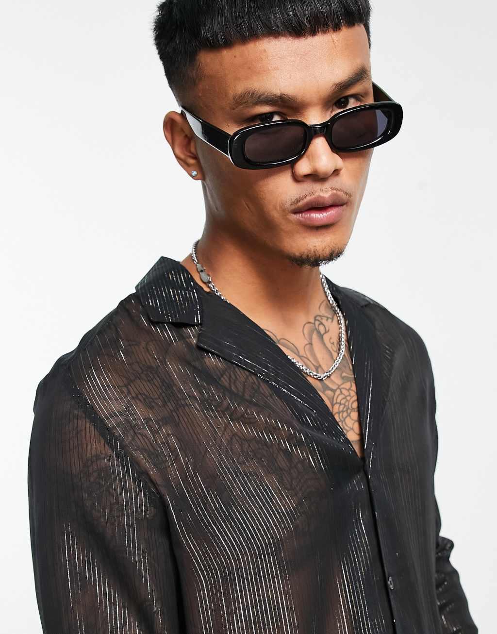 ASOS DESIGN regular shirt sheer with gold stripe Product Image