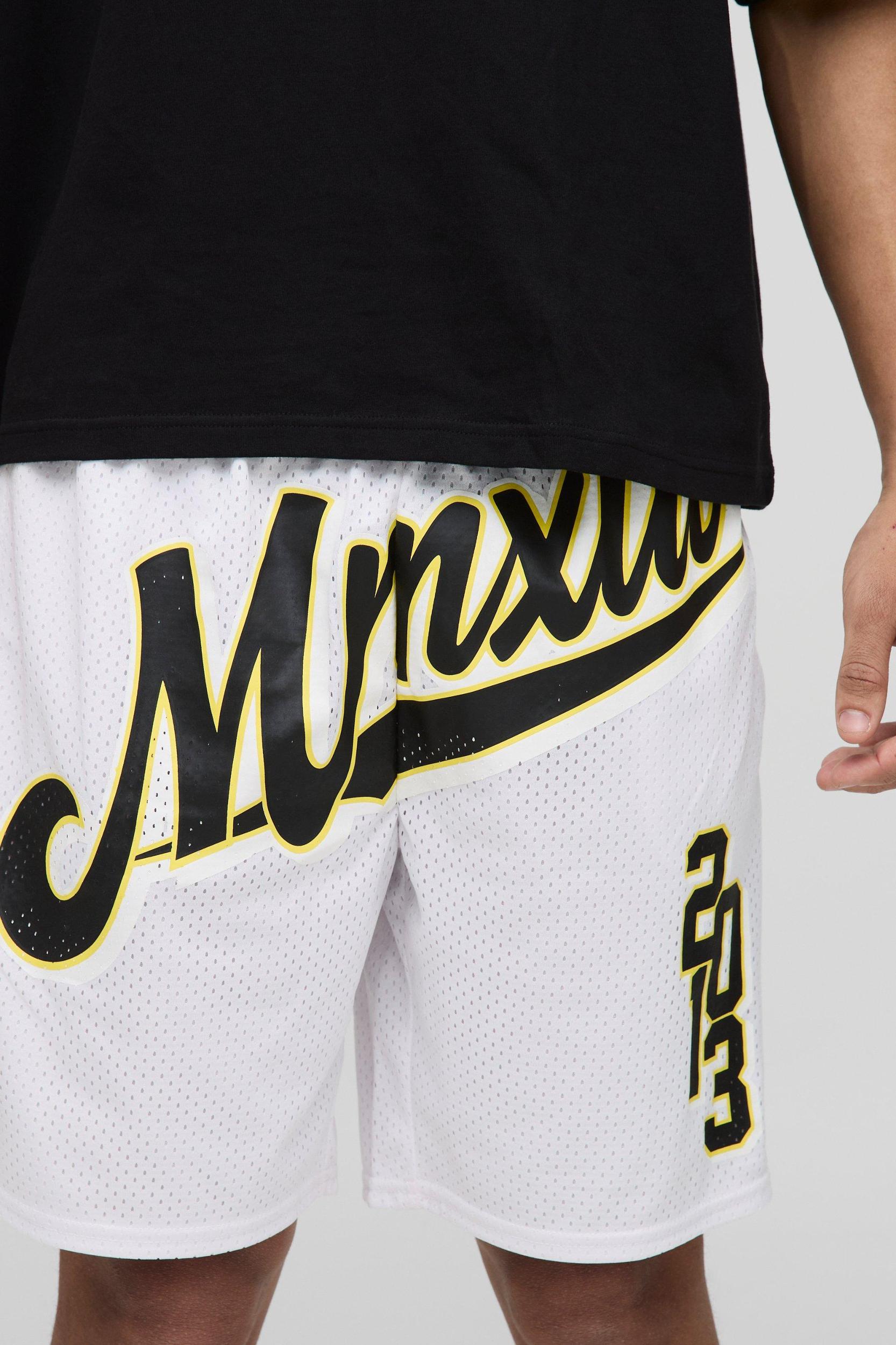 Varsity Graphic Mid Length Mesh Basketball Shorts | boohooMAN USA Product Image