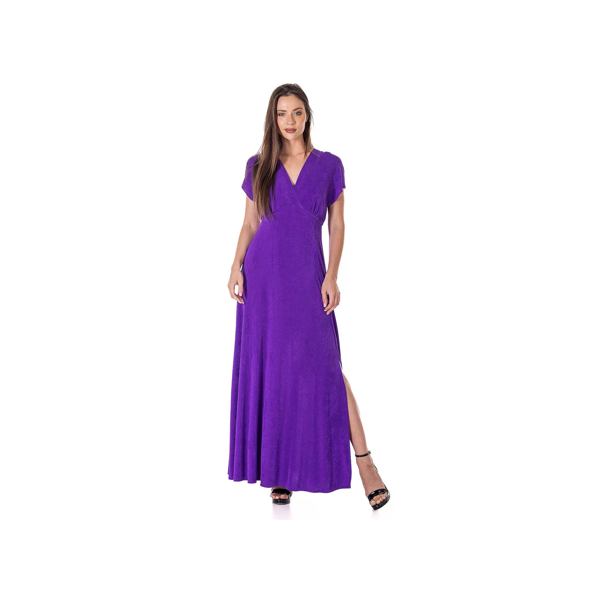 Women's 24Seven Comfort Apparel Flutter Sleeve Metallic Knit Maxi Dress Front Slit Empire Waist, Size: Small, Purple Product Image