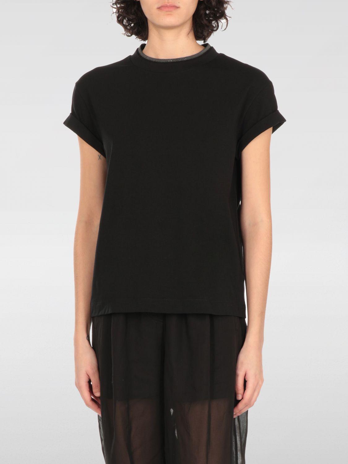 BRUNELLO CUCINELLI Women Stretch Cotton Jersey T-shirt With Precious Faux-layering In Black Product Image