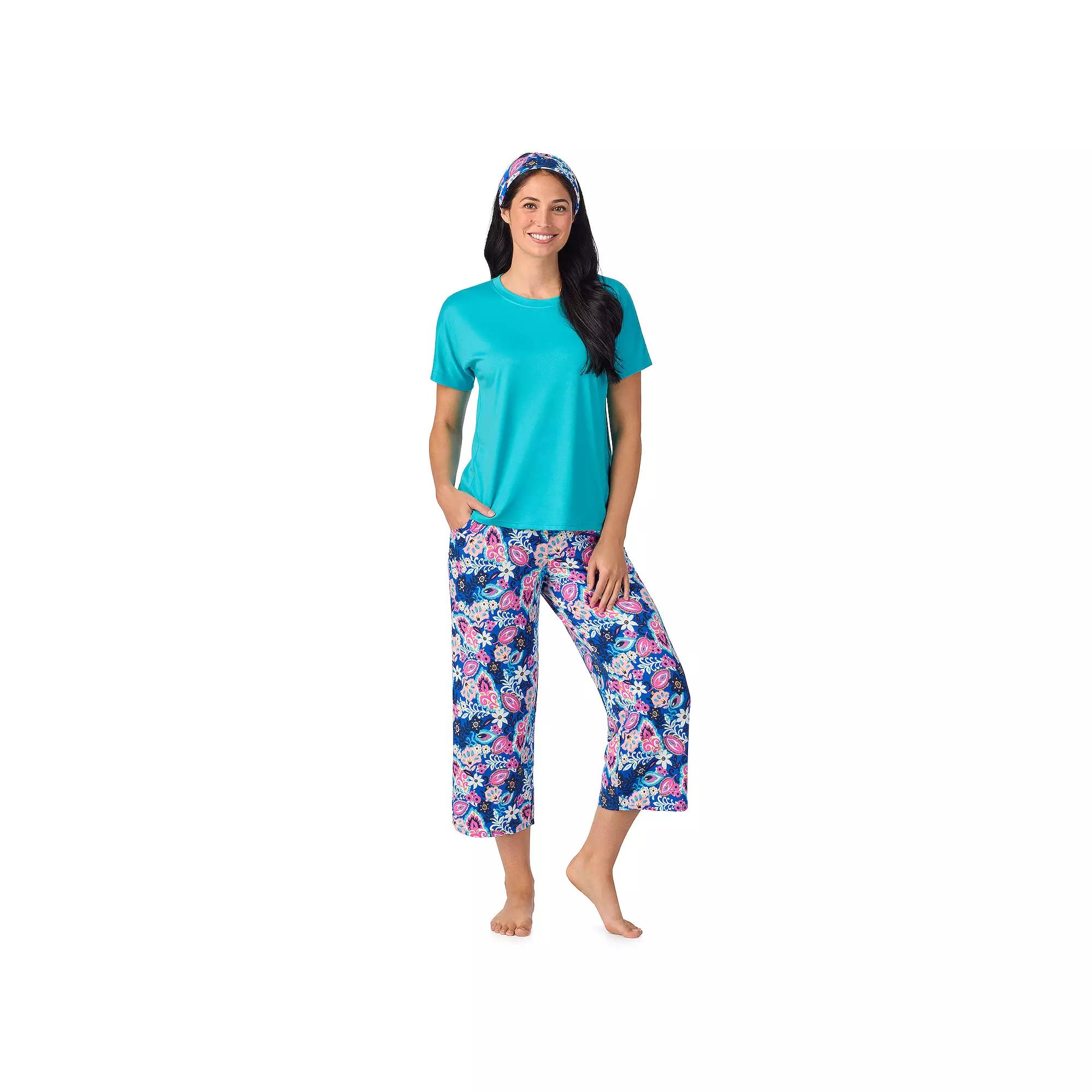 Women's Cuddl Duds® 2-pc. Pajama Crewneck Top & Pajama Capri Pants Set with Matching Headband, Size: Large, Blue Ethnic Floral Product Image