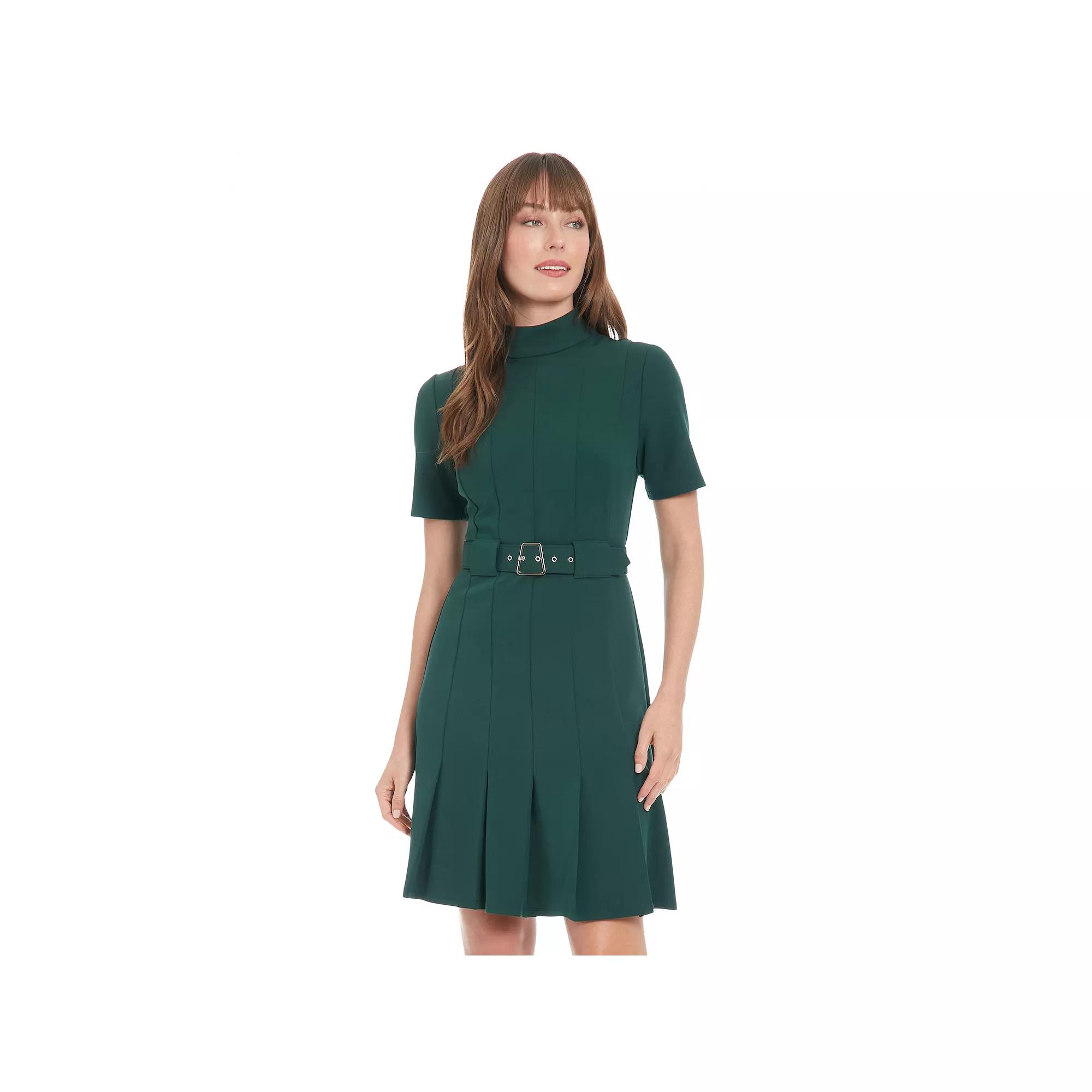 Women's London Times Mock Neck Belted Pleated Dress,  Product Image