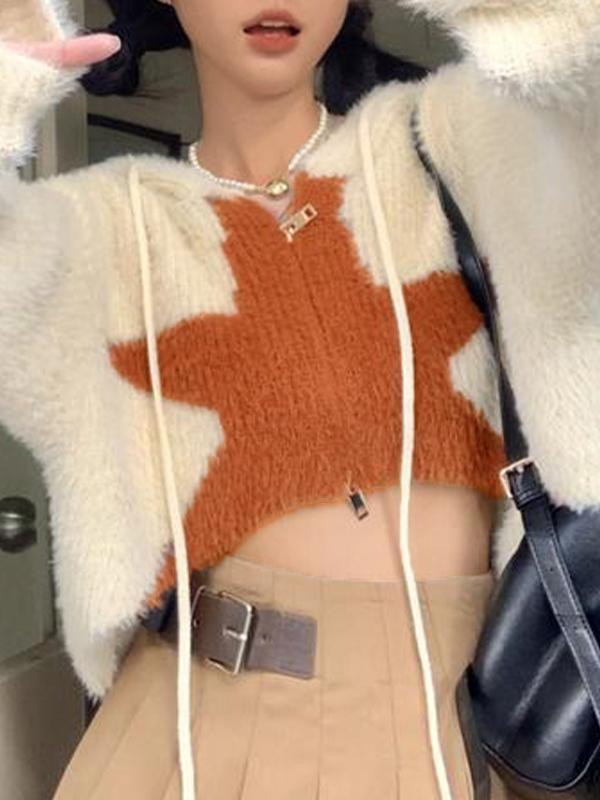 Star Hooded Crop Loose Cardigan Product Image