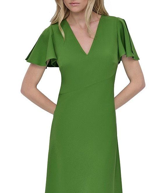 DKNY by Donna Karan Stretch V Neck Short Split Sleeve Fit and Flare Midi Dress Product Image