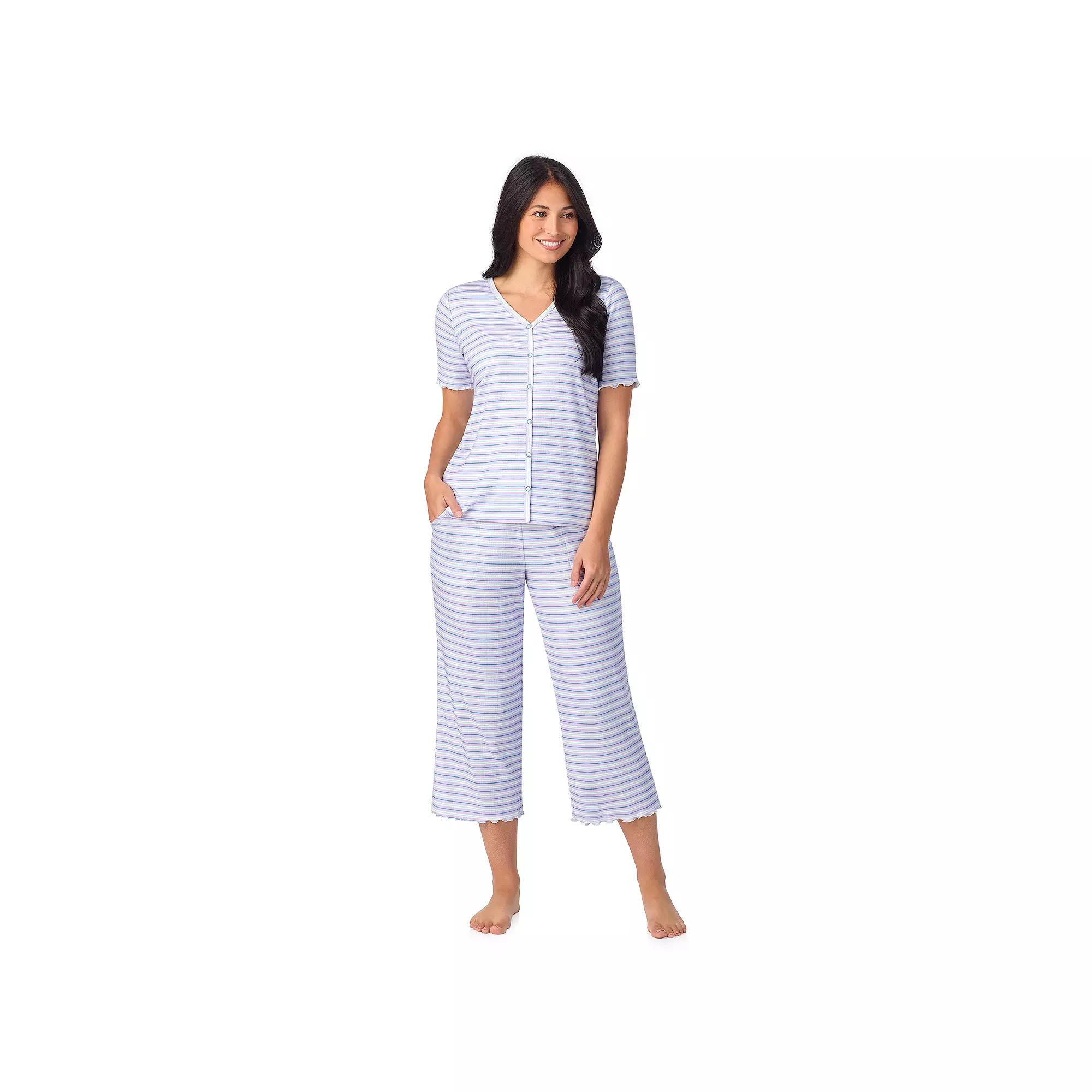 Women's Cuddl Duds® Pointelle Button-Front Pajama Top & Cropped Pajama Bottoms Set, Size: Small, Purple Stripe Product Image