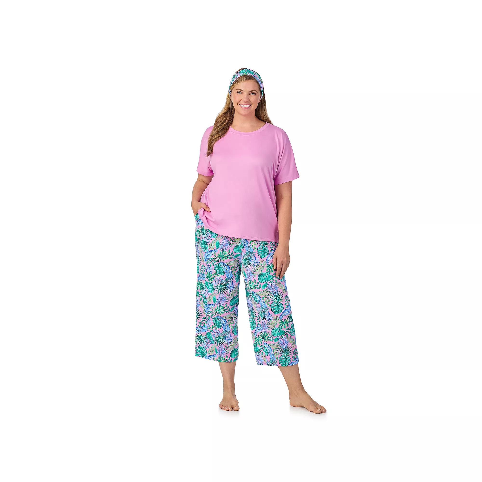 Plus Size Cuddl Duds® 2-pc. Pajama Crewneck Top & Pajama Capri Pants Set with Matching Headband, Women's, Size: 1XL, Purple Pink Leaves Product Image