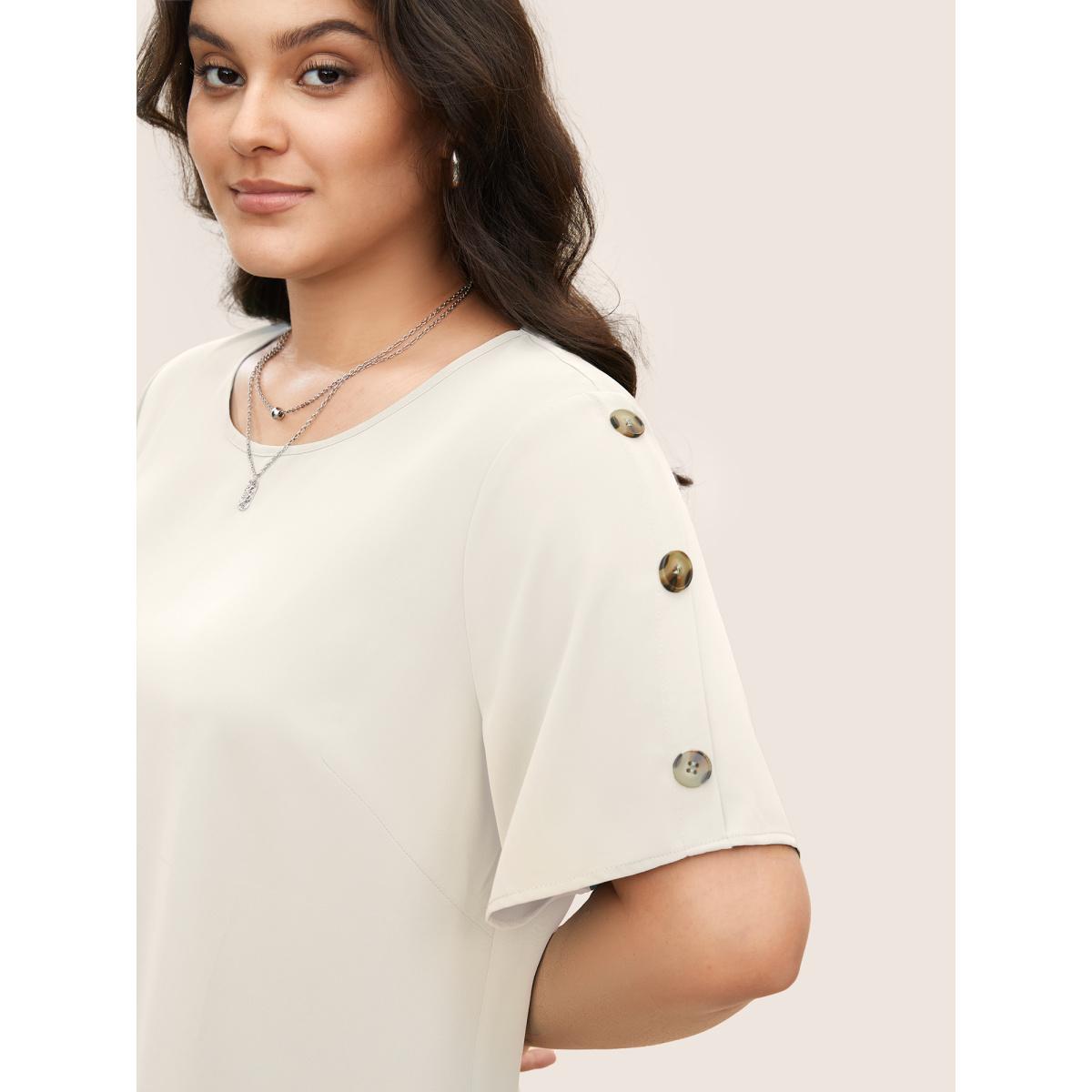 Plus Size White Plain Round Neck Button Detail Blouse Women Casual Short sleeve Round Neck Everyday Blouses BloomChic 12/L Product Image