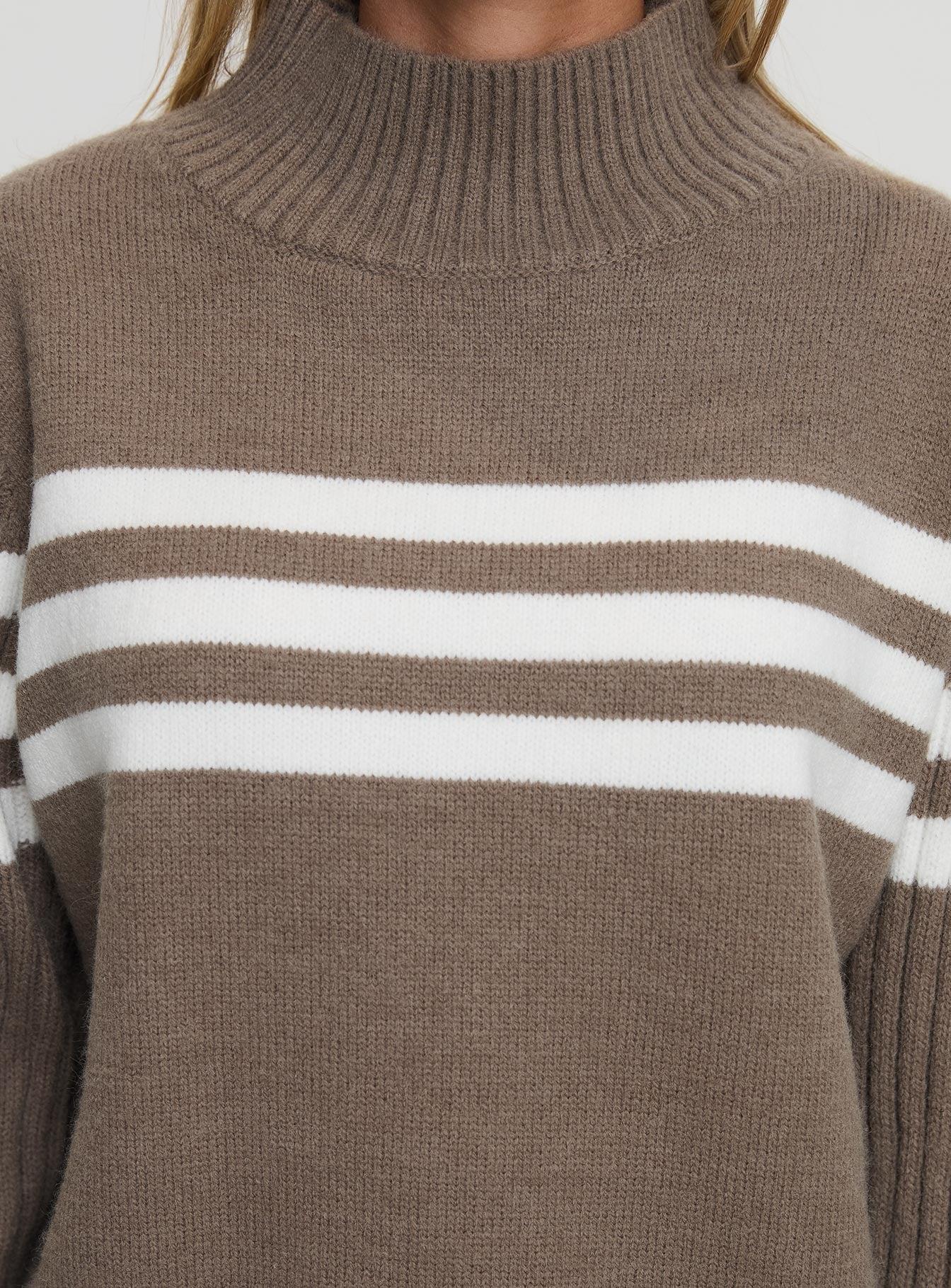 Bessemer Funnel Neck Knit Sweater Mocha Stripe Product Image
