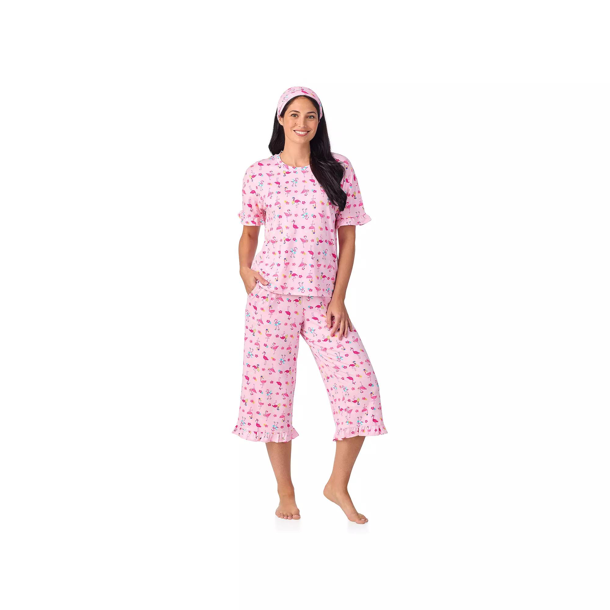 Women's Cuddl Duds® 3-Piece Short Sleeve Pajama Top, Cropped Pajama Pants & Headband Set, Size: XXL, Pink Pink Product Image