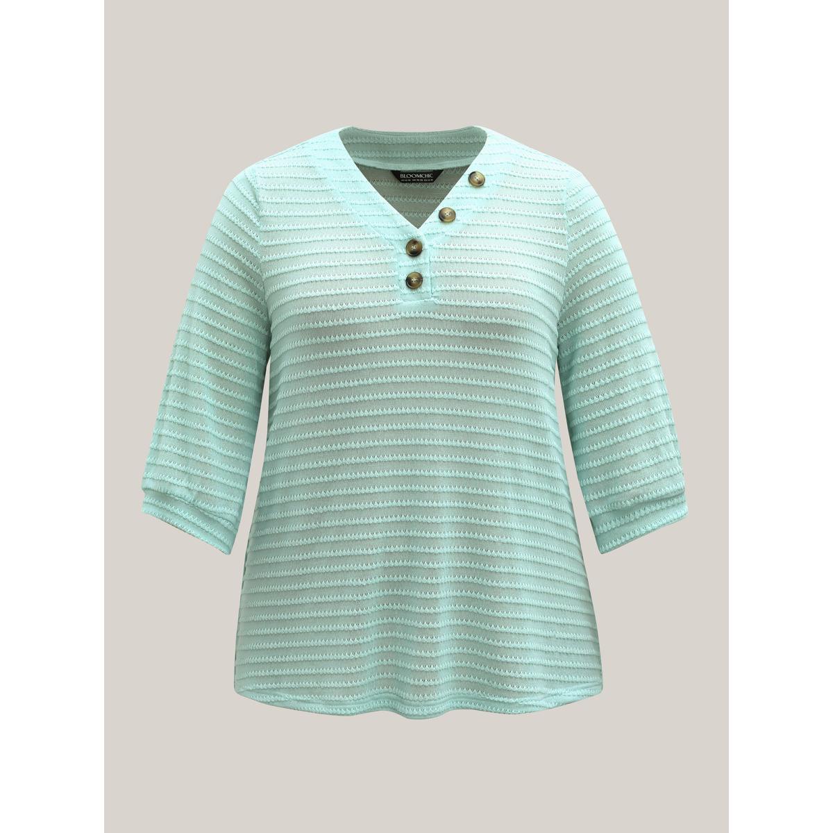 Plus Size Waffle-Grid Button Detail T-Shirt Mint Women Texture V-neck Everyday-Casual T-shirts BloomChic 14-16/1X Product Image