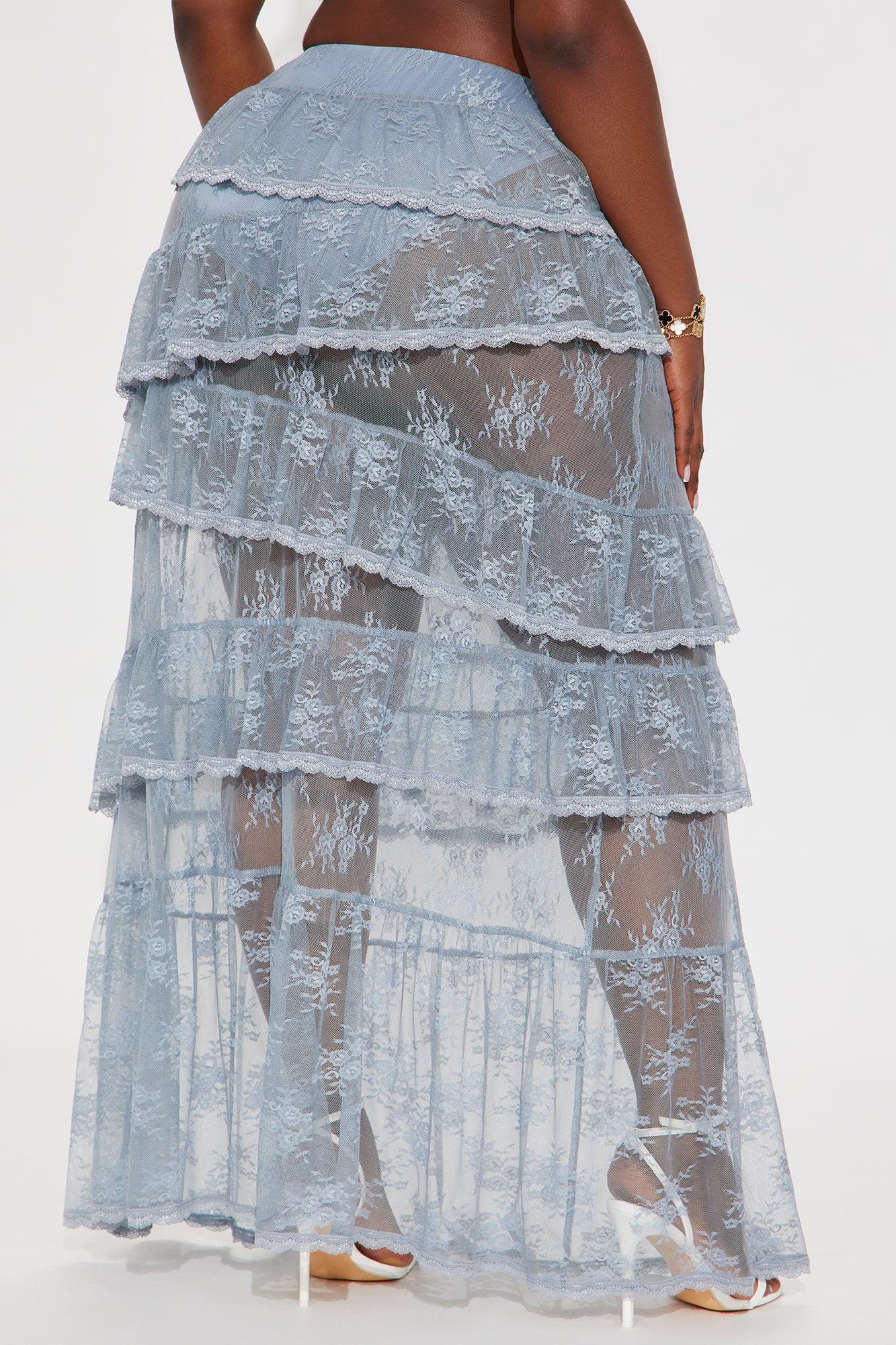 Daydreamer Sheer Lace Tiered Maxi Skirt - Light Blue Female Product Image