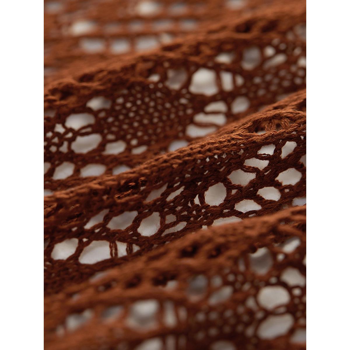 Plus Size Plain Hollow Out Split Side Maxi Cardigan Maroon Women Casual Loose Long Sleeve Dailywear Cardigans BloomChic 10/M Product Image