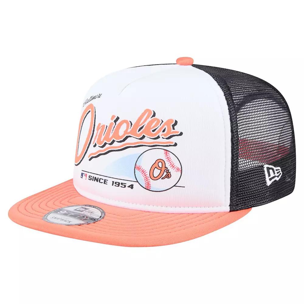 Men's New Era White/Orange Baltimore Orioles Retro Script Trucker 9FIFTY Snapback Hat Product Image