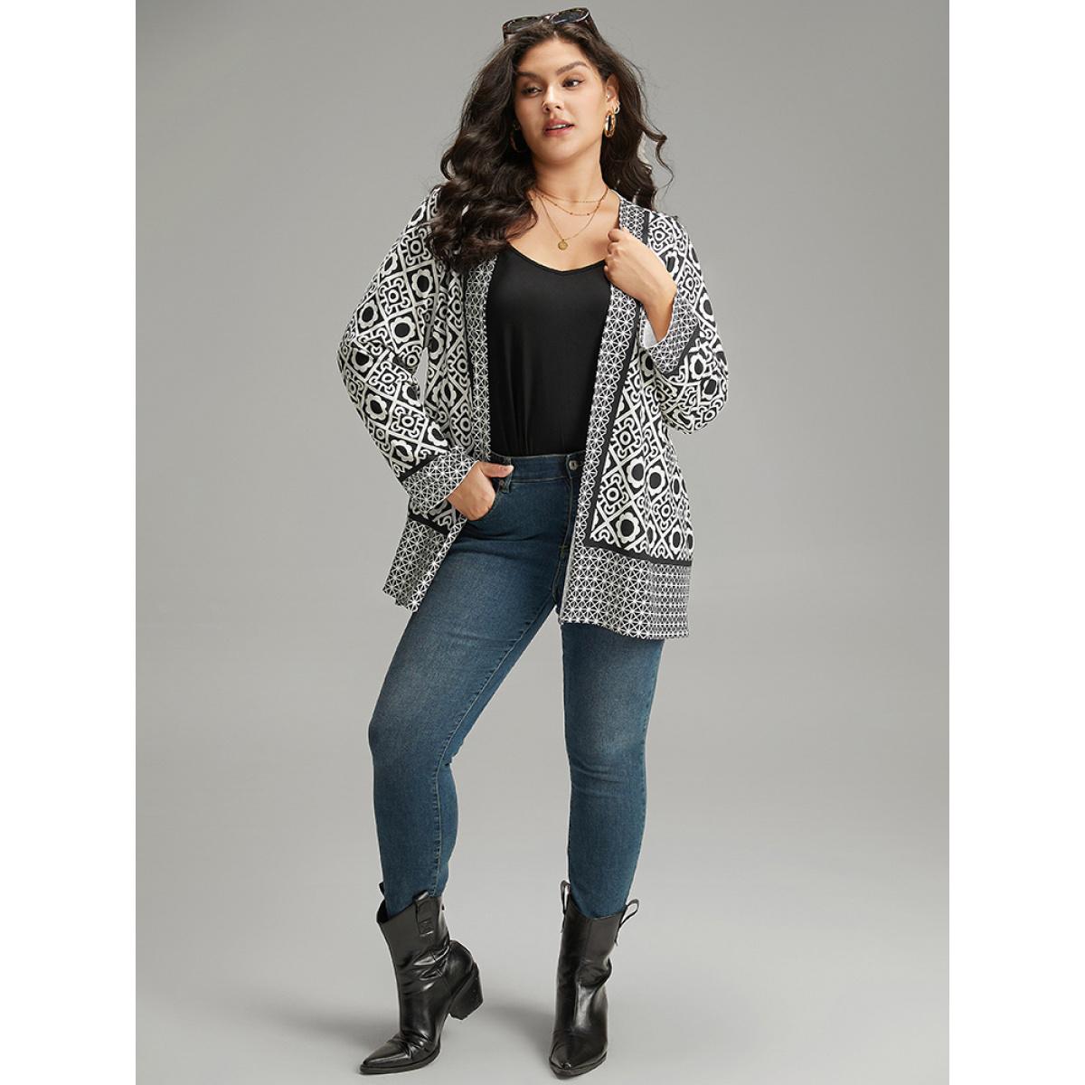 Plus Size Geometric Print Open Front Kimono Women White Casual Contrast Dailywear Kimonos BloomChic 18-20/2X Product Image