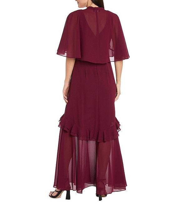R & M Richards Crepe Chiffon 2-Piece Short Sleeve Capelet Ruffle Gown Product Image