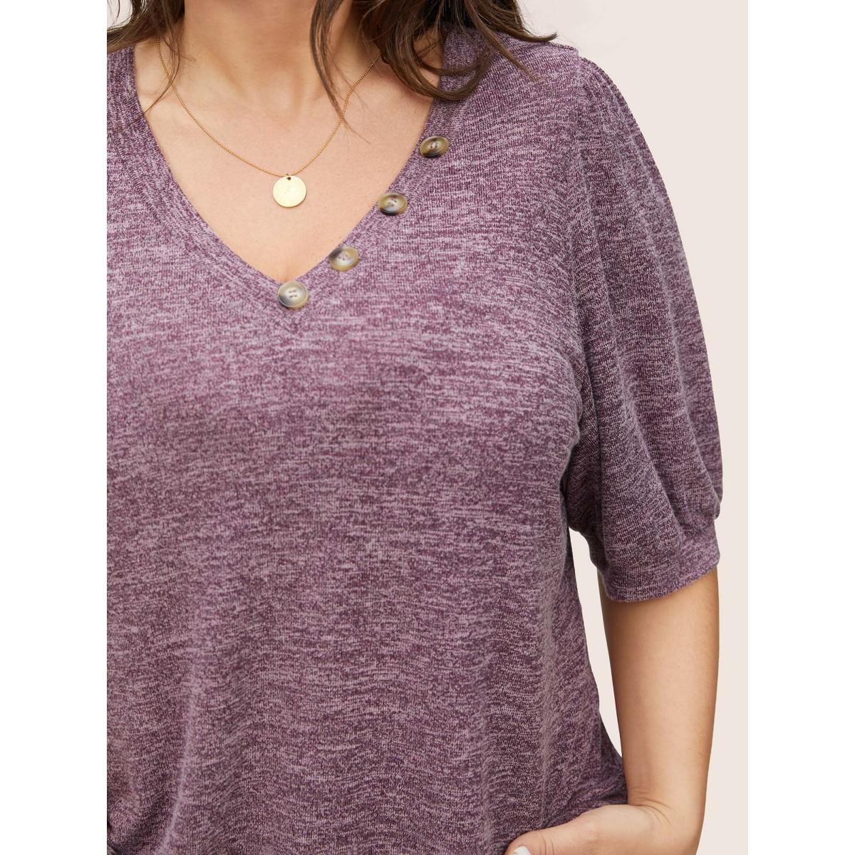 Plus Size Heather Button Detail Puff Sleeve T-shirt Purple Women Casual Gathered Plain V-neck Everyday T-shirts BloomChic 10/M Product Image