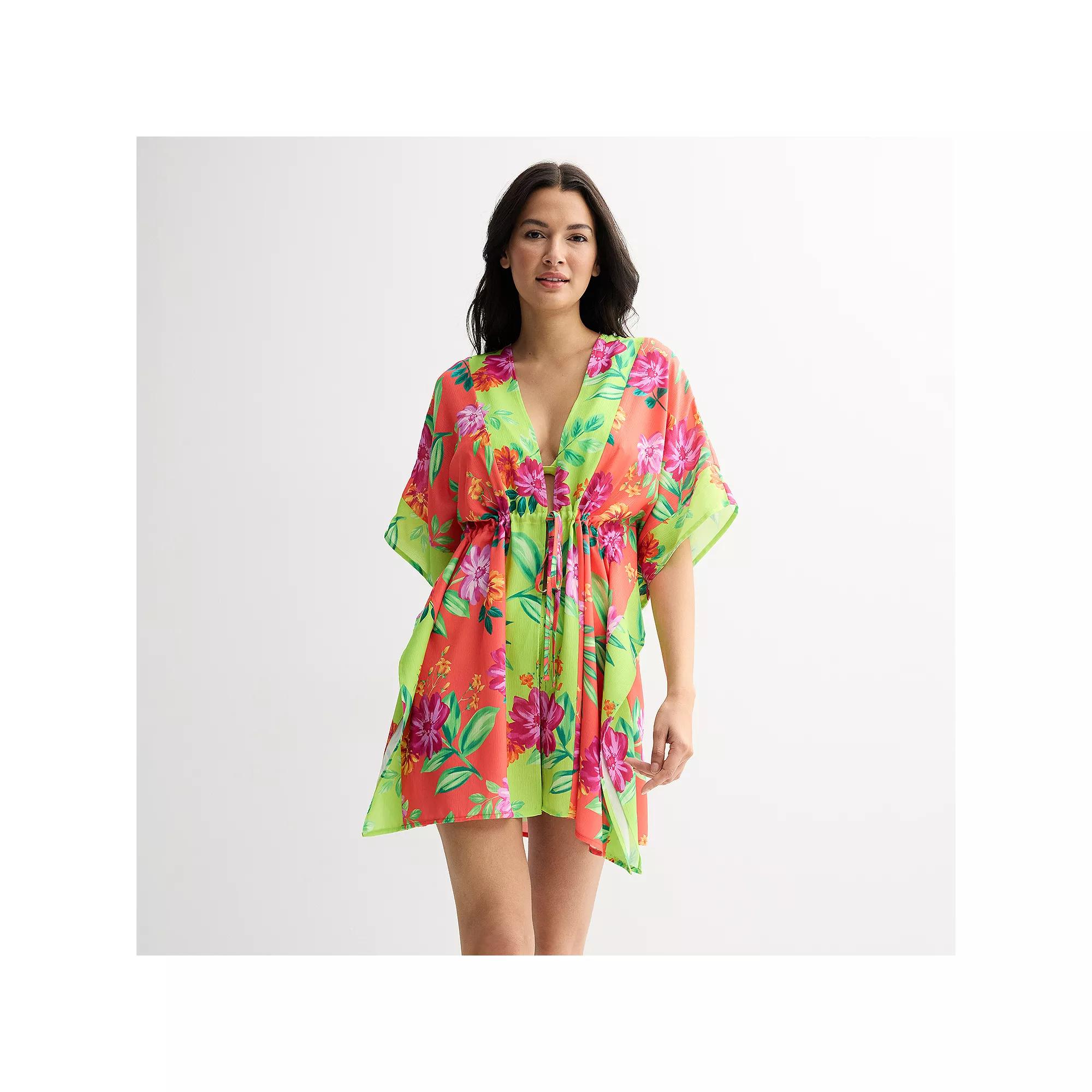 Women's Freshwater Tie Front Floral Print Swim Cover-Up Caftan Tunic, Size: Large, Radiant Garden Product Image