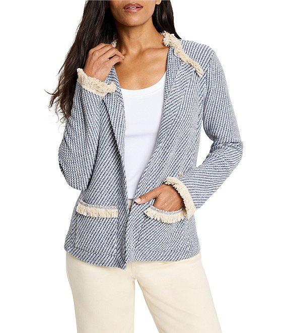 NIC + ZOE Neutral Fringe Trim Round Neck Long Sleeve Open Front Jacket Product Image