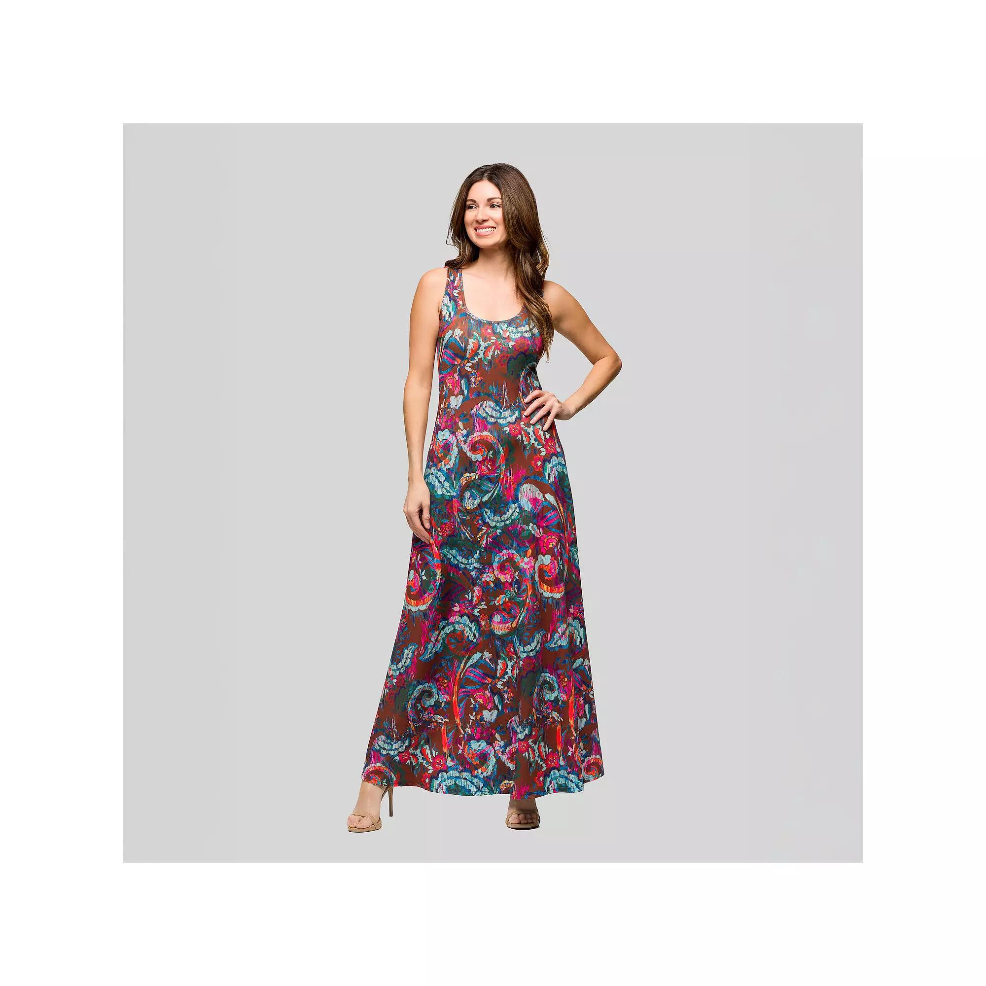 Women's 24seven Comfort Apparel Paisley Print Scoop Neck A-Line Sleeveless Maxi Dress, Size: Small, Brown Team Product Image