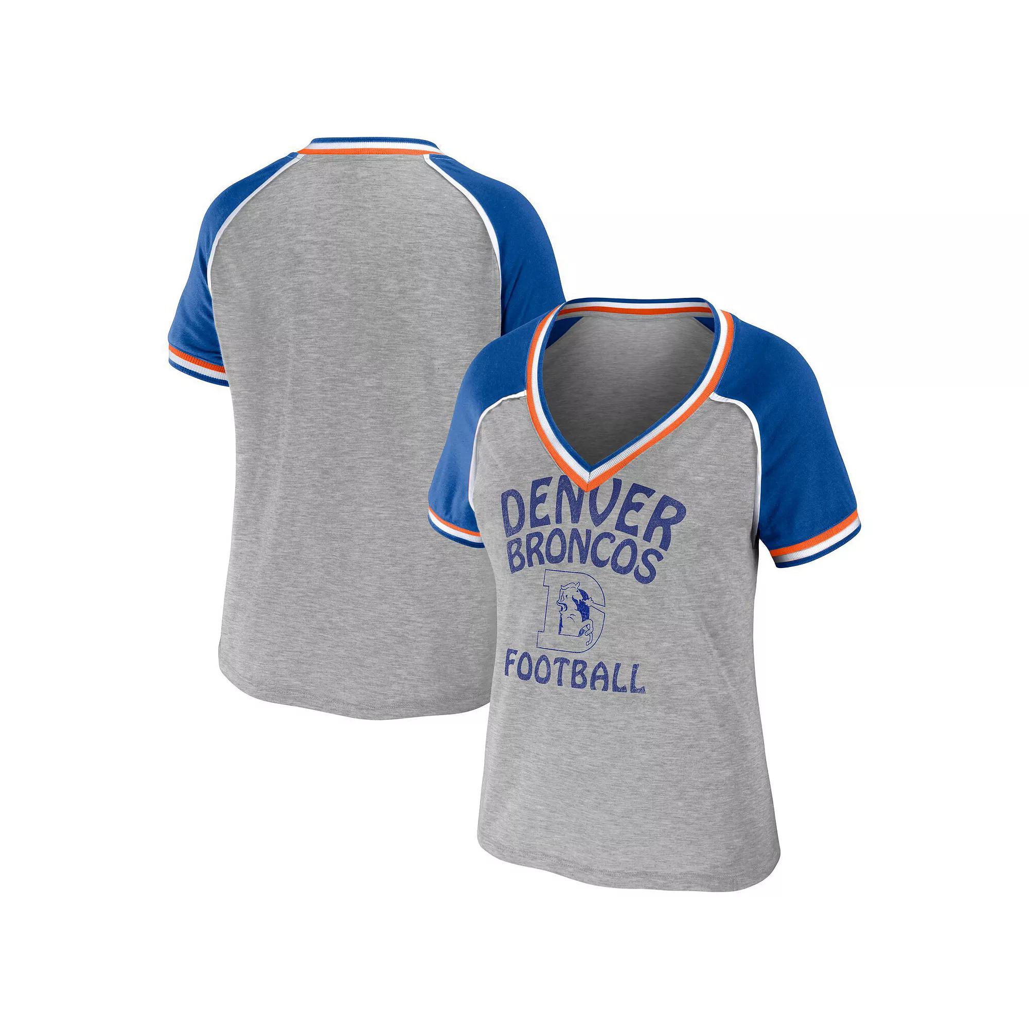 Women's WEAR by Erin Andrews Heather Gray Denver Broncos Throwback Raglan V-Neck T-Shirt, Size: XS, Grey Product Image